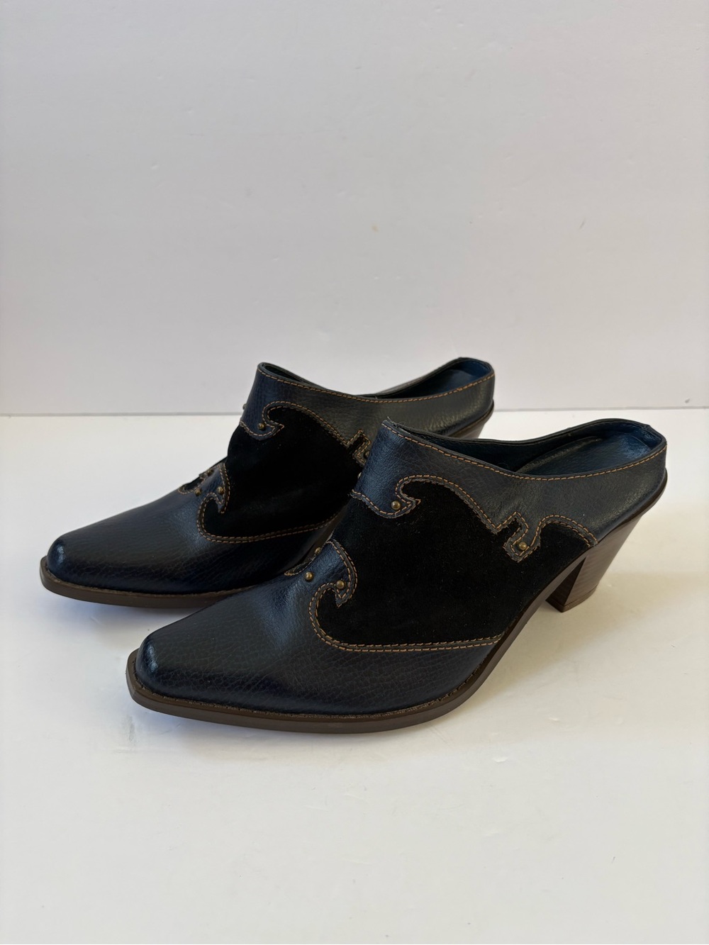 Navy Blue Black Heel Mules Slip On Y2K South Western Cowgirl Leather Suede 8